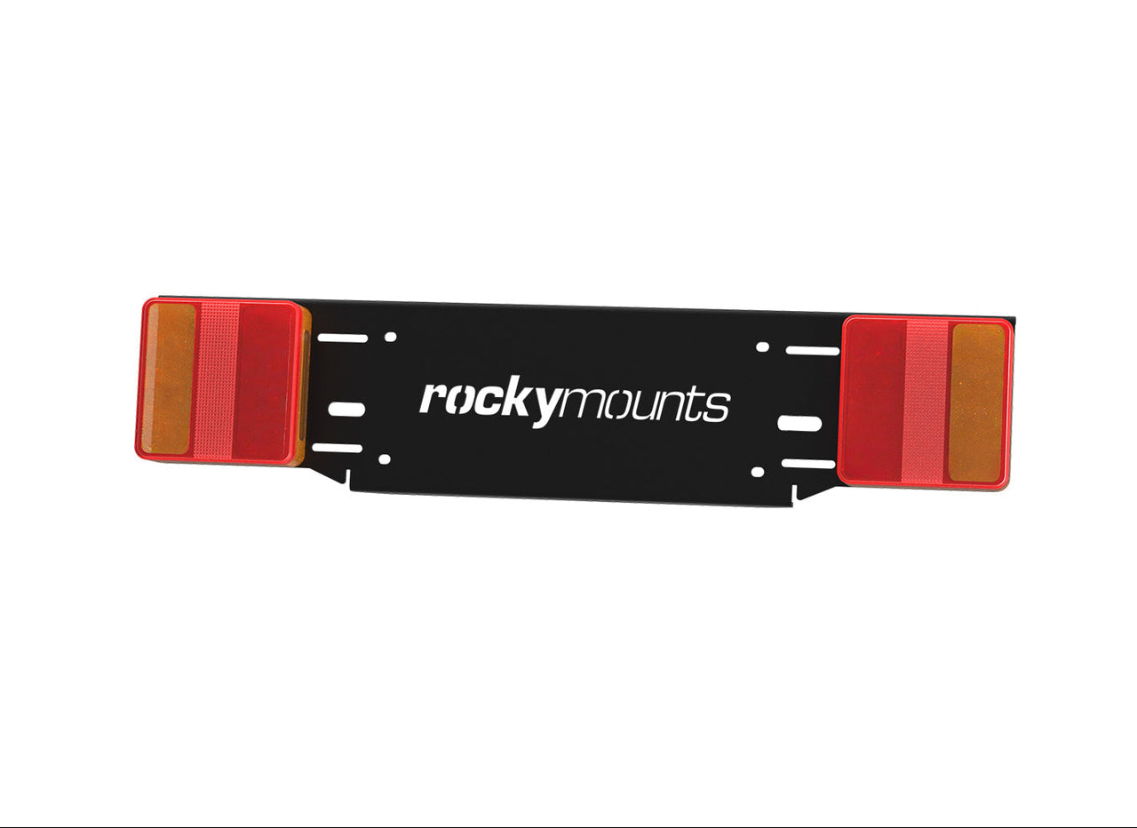 RockyMounts car number plate holder with red and orange accents on a white background